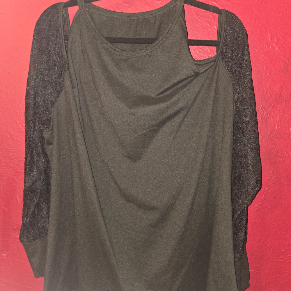 Black Cold Shoulder Lace Sleeve Top